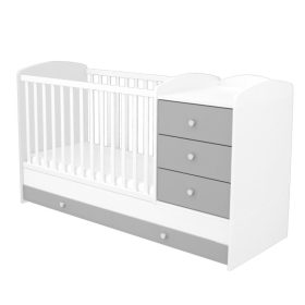   Timba Erik 60×120 cm kombinált kiságy 3 fiókkal – ezüst/fehér, pelenkázós és junior ággyá alakítható kivitel