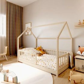   Timba házikóágy gyerekeknek, stabil fa ágy játékos házikó kialakítással