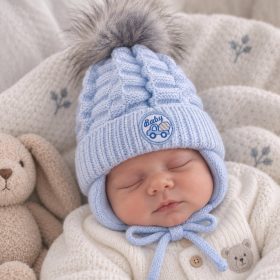 Kötött téli babasapka 36–38 cm – kék, megkötős