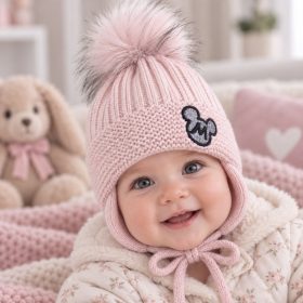   Kötött téli babasapka 44–46 cm – púder, Minnie, megkötős
