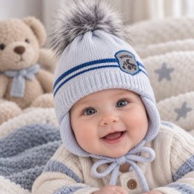   Kötött téli babasapka 42–44 cm – halványszürke-kék csíkos, Mini Boy, megkötős