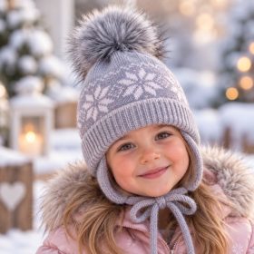   Kötött téli babasapka 50–52 cm – szürke, csillogó ezüst hópelyhes, megkötős