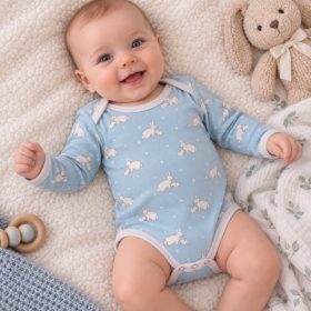 Body - hosszú ujjas - halványkék pöttyös nyuszi - 74-es