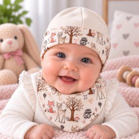   Klasszikus babasapka és kendő szett 40 cm – bézs őzikés