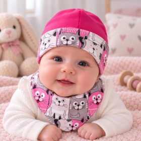 Klasszikus babasapka és kendő szett 38 cm – pink cicás