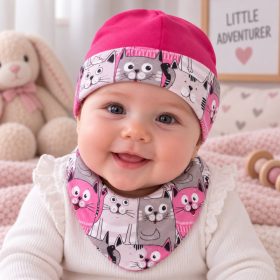 Klasszikus babasapka és kendő szett 44 cm – pink cicás