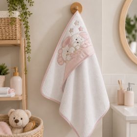   Kapucnis babatörölköző 70×70 cm – fehér/rózsaszín, puha pamut frottír fürdető törölköző