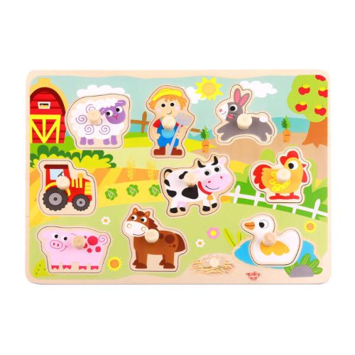TOOKY Toy fogantyús fa puzzle farm állatok 10 db – készségfejlesztő kirakó babáknak