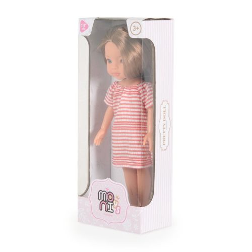 Pretty Girl 33 cm-es hajasbaba – barna hajú, csíkos ruhás játékbaba
