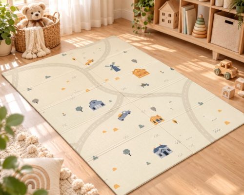 Moni Toys nagy méretű szivacs játszószőnyeg babáknak – 120 × 180 cm, számok és házak