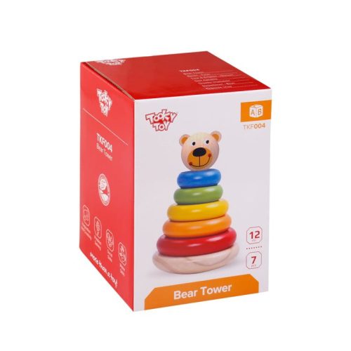 TOOKY Toy fa toronyépítő maci – Montessori színes karikás fejlesztő játék babáknak