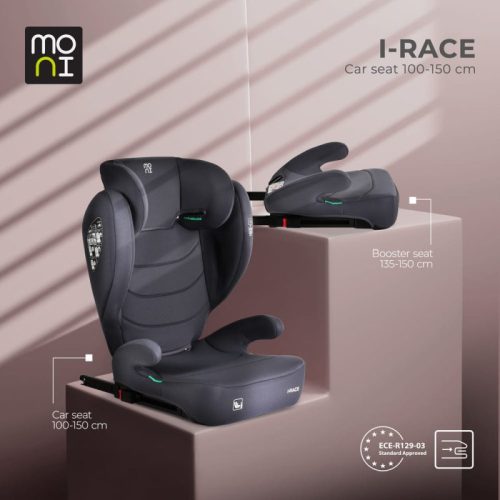Moni I-RACE autósülés 100–150 cm – ülésmagasítóvá alakítható, szürke
