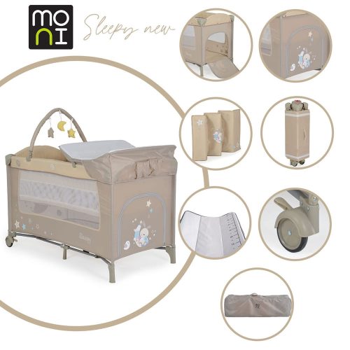 MONI Sleepy összecsukható luxus babaágy 2 szintes, pelenkázólappal, játékhíddal - bézs