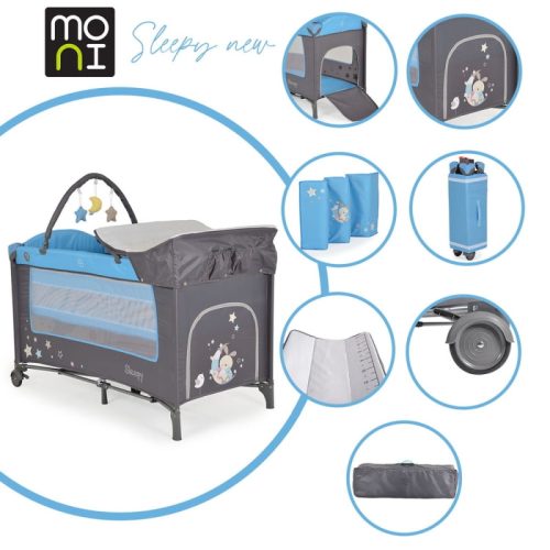 MONI Sleepy összecsukható luxus babaágy 2 szintes, pelenkázólappal, játékhíddal - kék