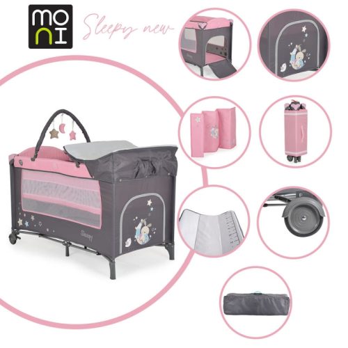 MONI Sleepy összecsukható luxus babaágy 2 szintes, pelenkázólappal, játékhíddal - rózsa