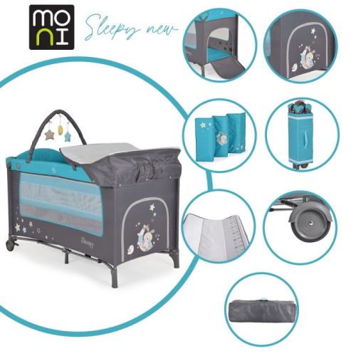 MONI Sleepy összecsukható luxus babaágy 2 szintes, pelenkázólappal, játékhíddal - türkiz